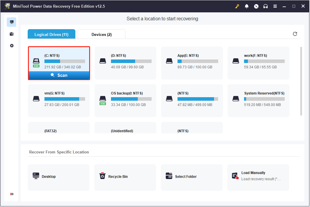 select the C drive to scan in MiniTool Power Data Recovery