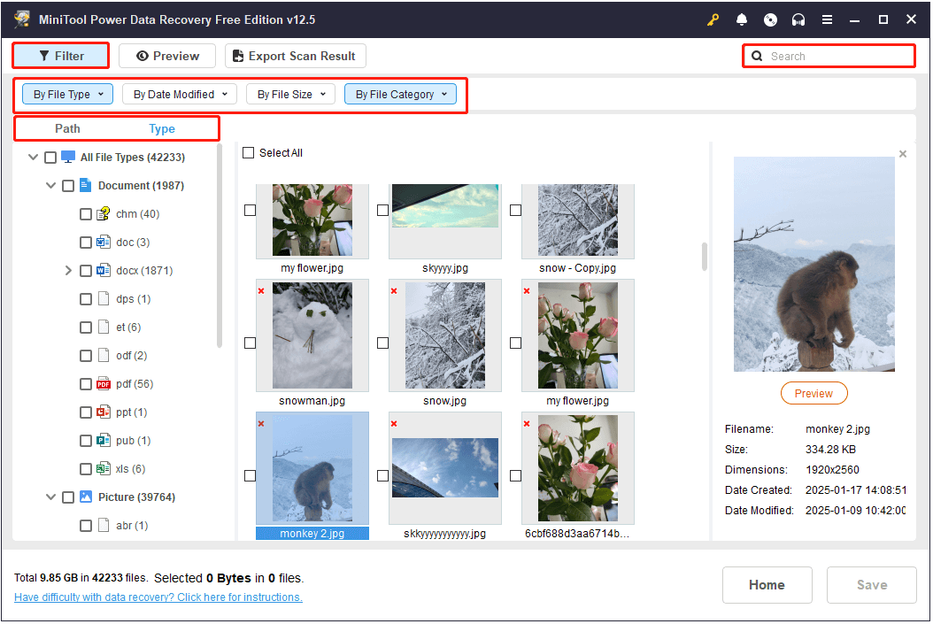 Path, Type, Filter, and Search in MiniTool Power Data Recovery
