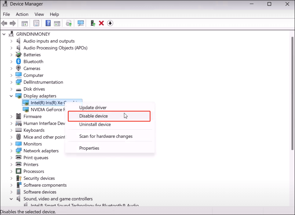 click Disable device