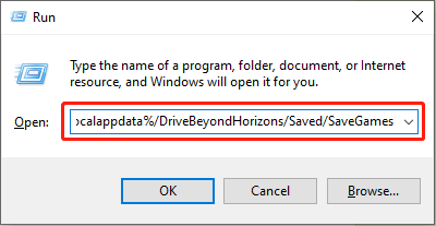 use the Run utility to find Drive Beyond Horizons save file location