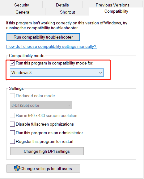 run program in compatibility mode for Windows 8