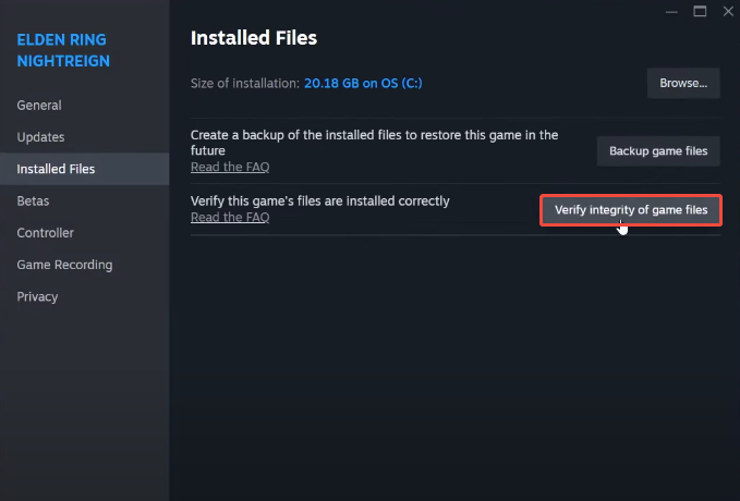 click Verify integrity of game files