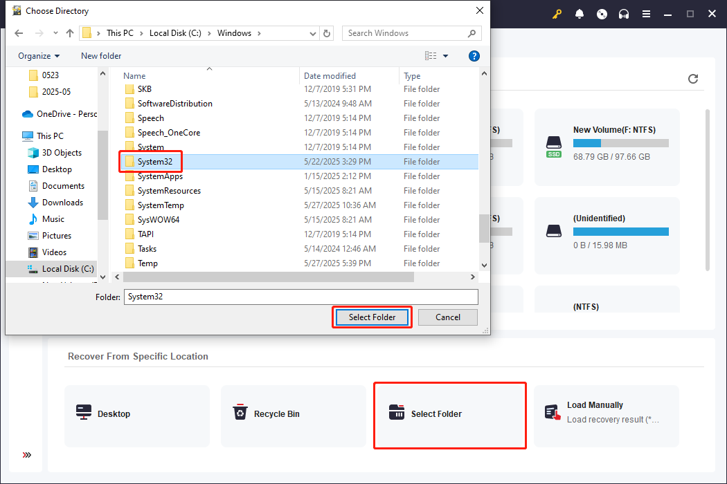 choose Select Folder and scan the System32 folder using MiniTool Power Data Recovery
