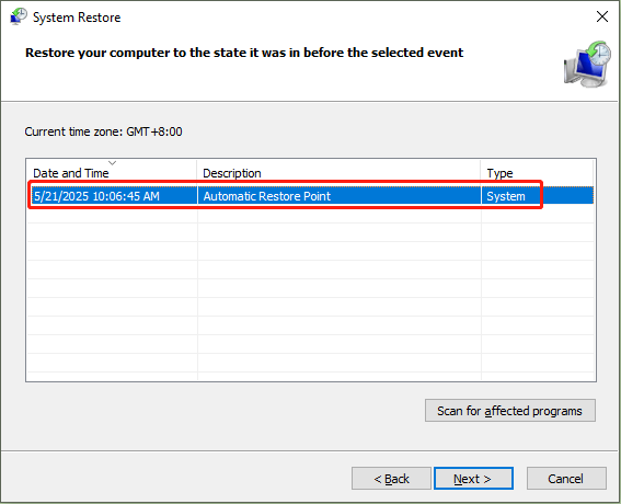choose the proper system restore point