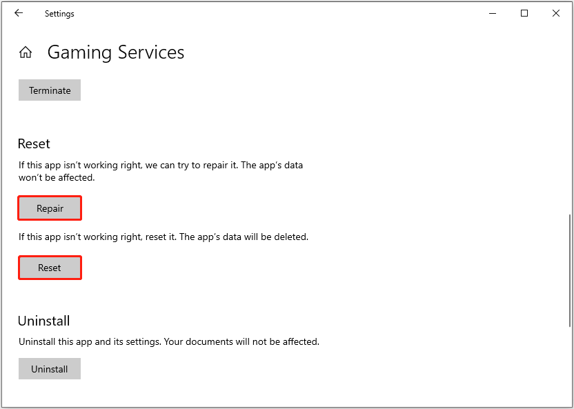 repair or reset Gaming Services