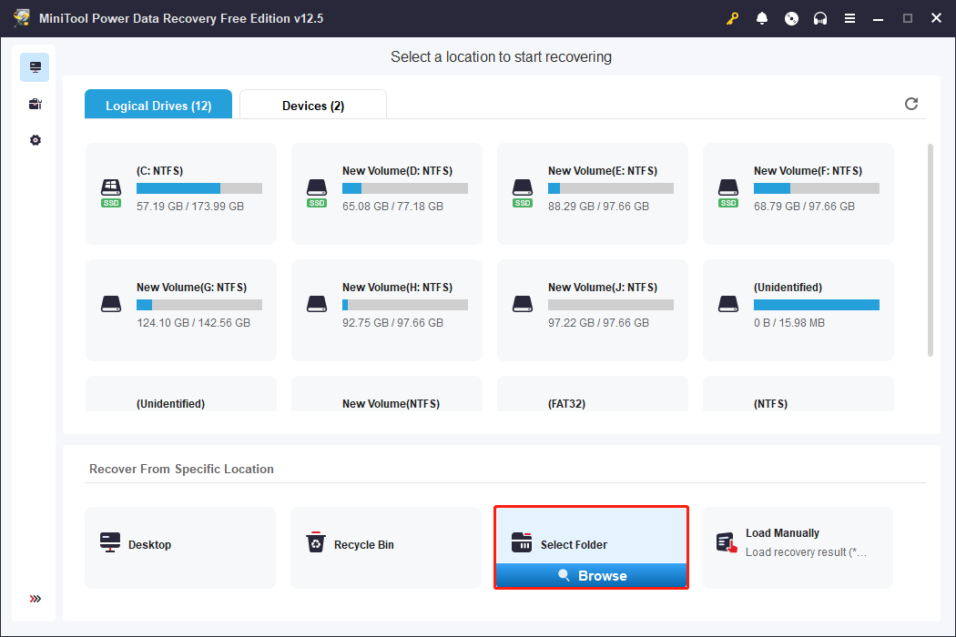 choose Select Folder to scan the game saved files using MiniTool Power Data Recovery