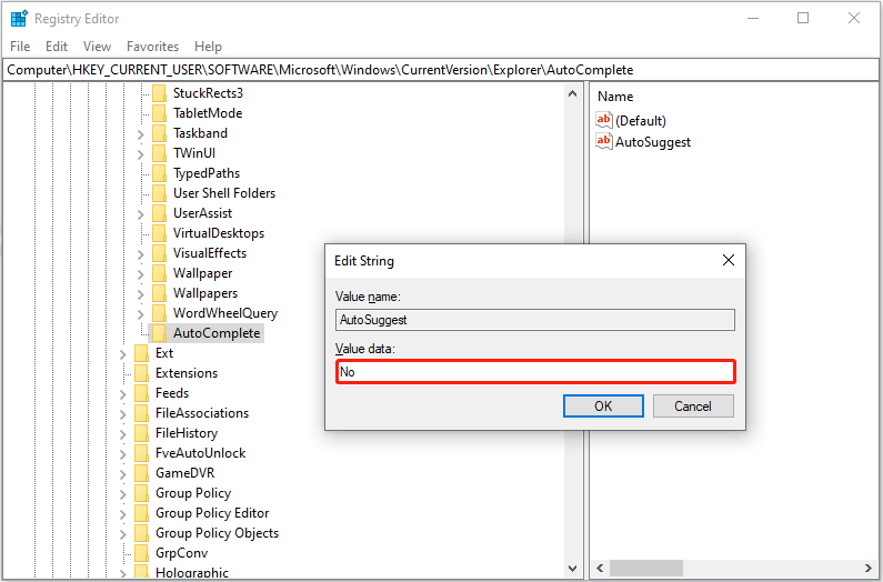 set up the value data for AutoSuggest to No in Registry Editor