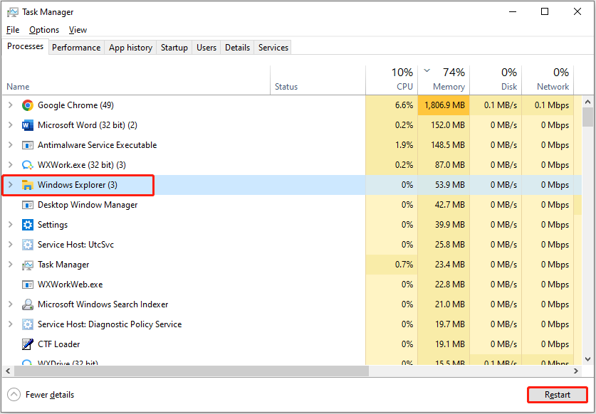 restart Windows Explorer in Task Manager