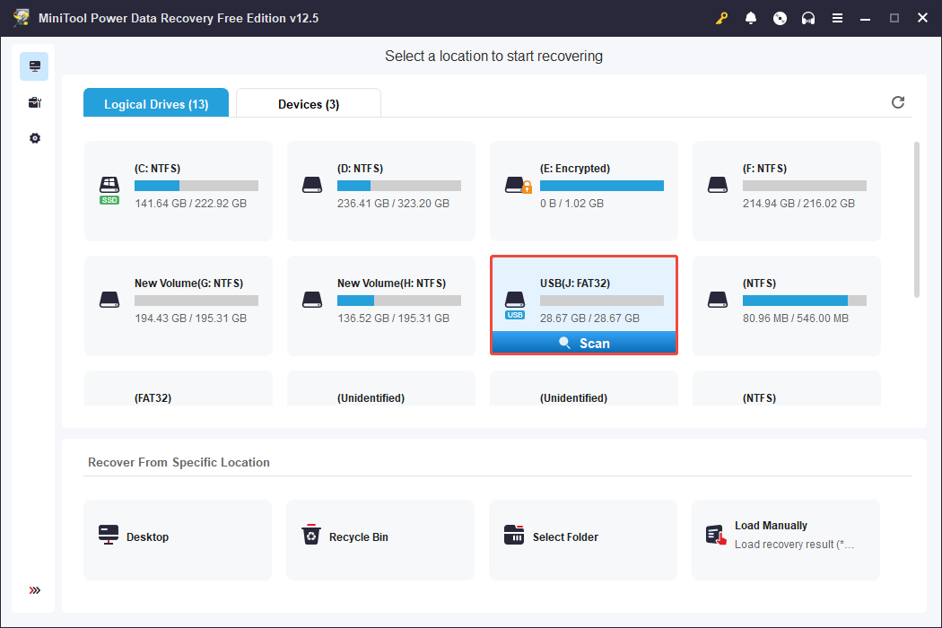 scan the USB flash drive via MiniTool Power Data Recovery