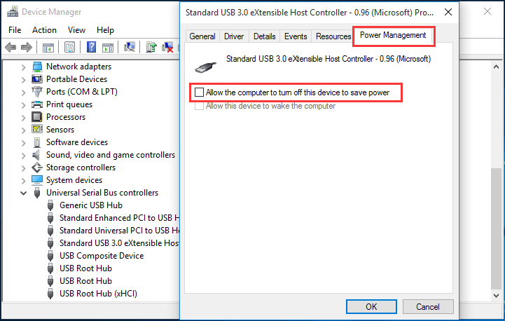 tick the box of Allow the computer to turn off this device to save power