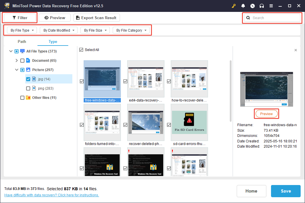use the Filter, Search, and Preview features to locate and check files