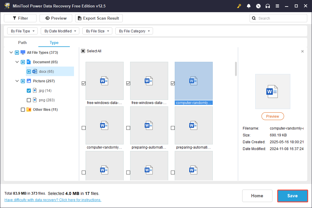 click the Save button to recover files