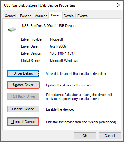 select Update Driver or Uninstall Device