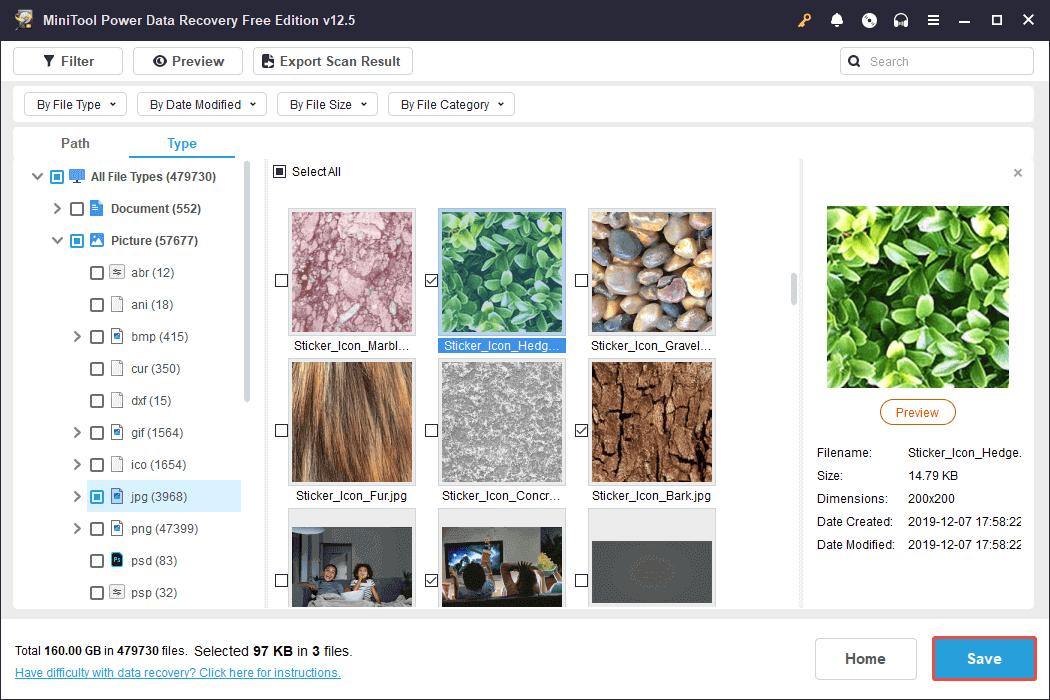 click the Save button to recover files
