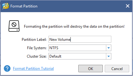 enter the Partition Label, File System, and Cluster Size