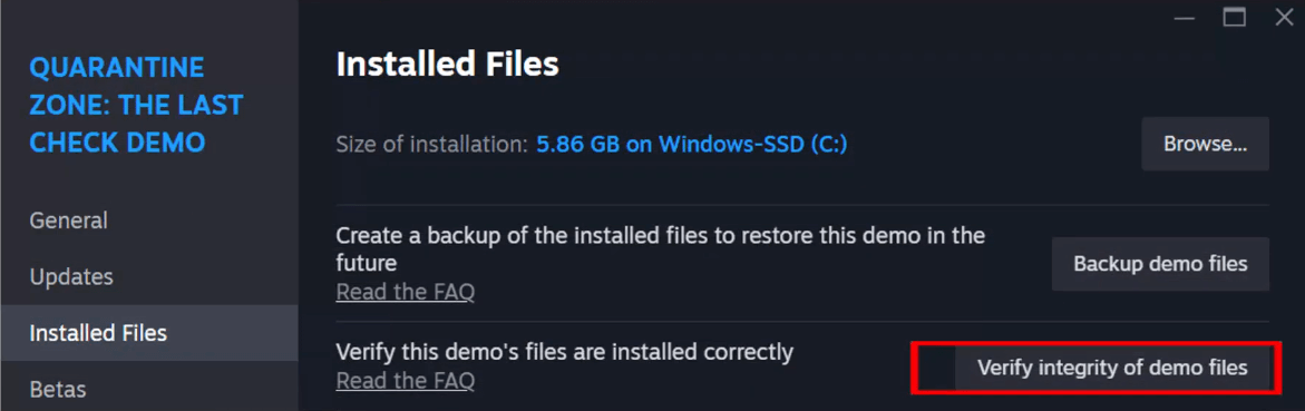 click the Verify integrity of demo files button