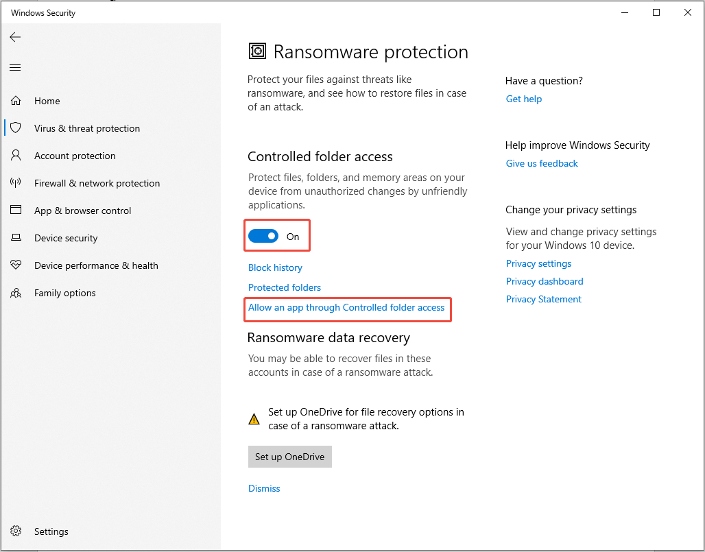 click Allow an app through Controlled folder access