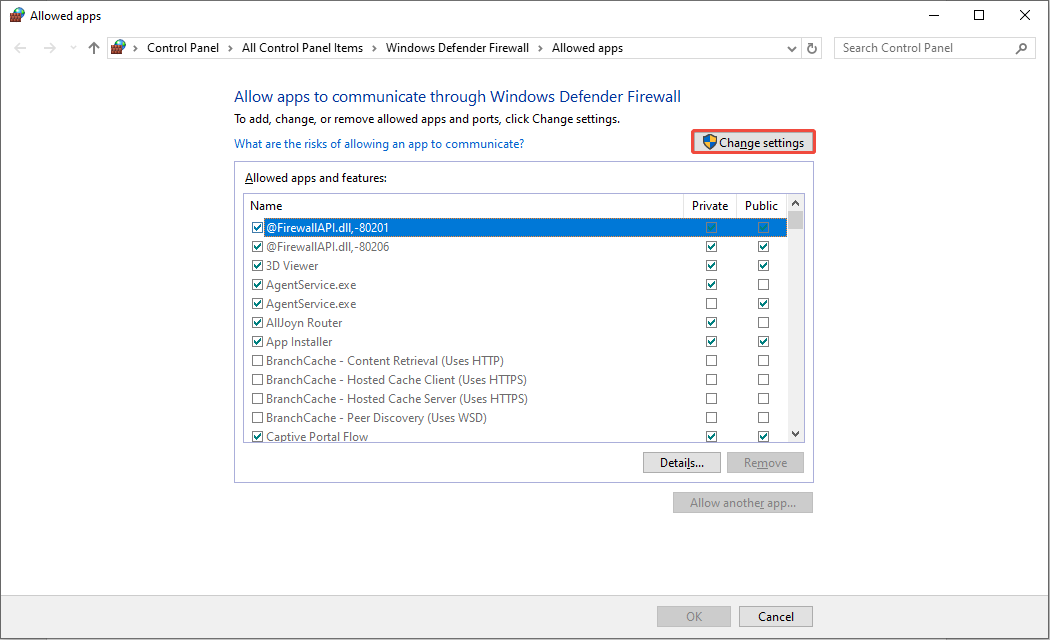 click the Change settings button