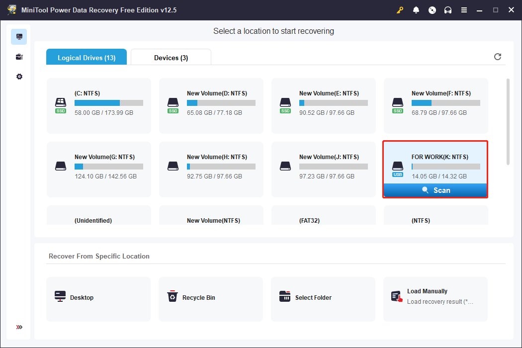 choose the SD card partition to scan using MiniTool Power Data Recovery