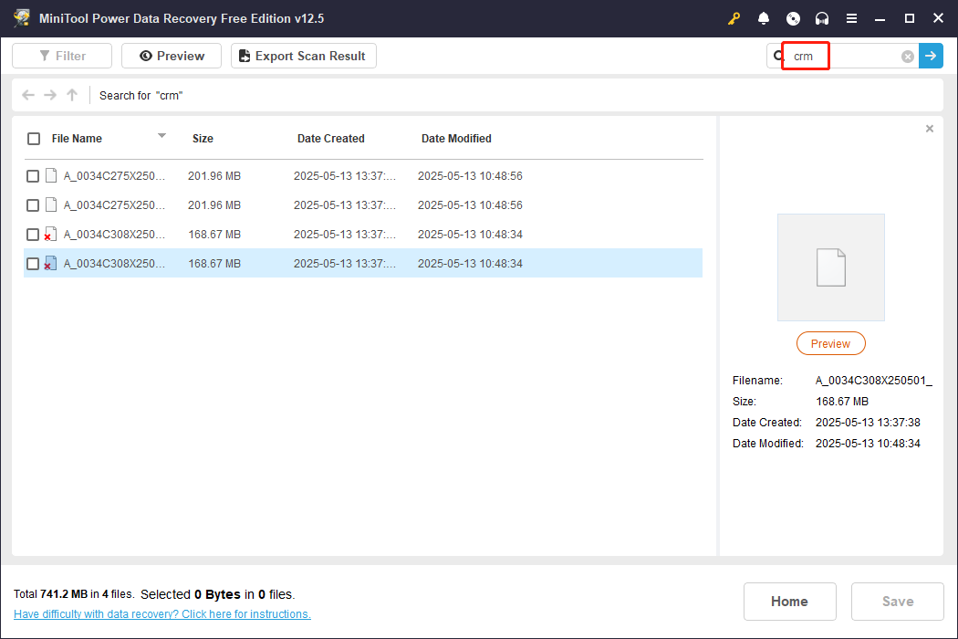 search for the CRM files using MiniTool Power Data Recovery feature