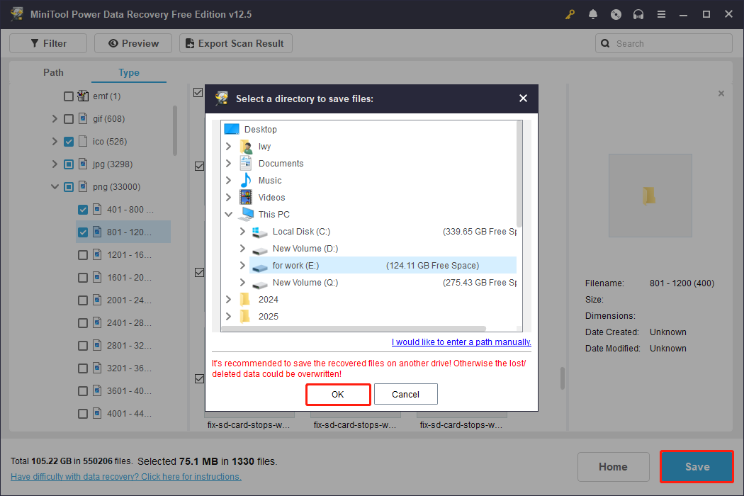 save the target files to a new place in MiniTool Power Data Recovery