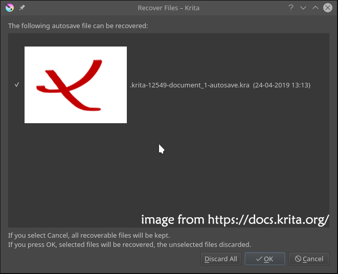 the prompt to restore the autosave file in Krita