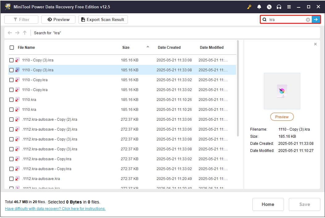 search for the kra file in MiniTool Power Data Recovery