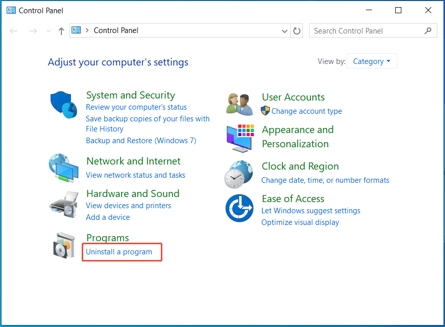 uninstall programs in Control Panel