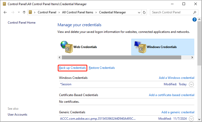 back up credentials