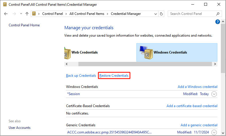 restore Windows credentials