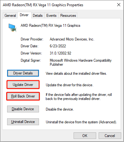 update or roll back the graphics driver in Device Manager