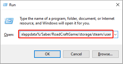 locate the RoadCraft save file location using the Run utility