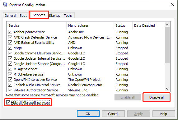 disable all the non-Microsoft services