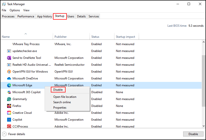 disable the startup programs in Task Manager