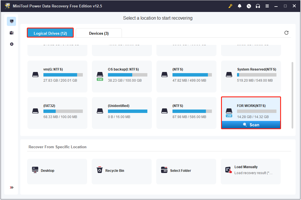 scan the SD card for files in the main interface of MiniTool Power Data Recovery