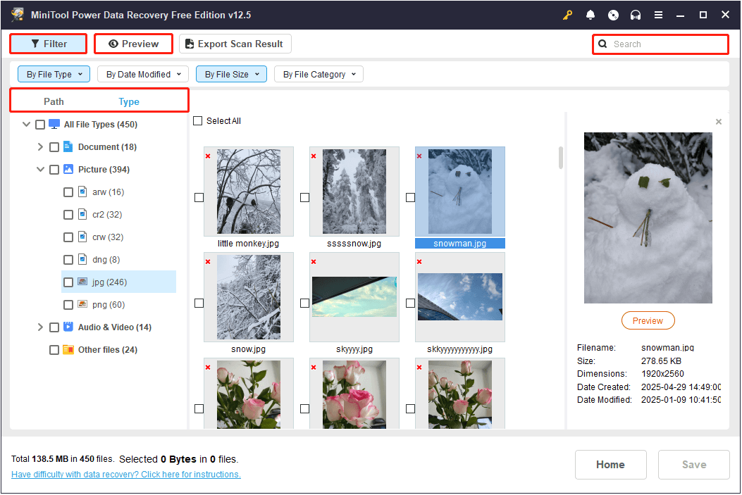 the Path, Type, Filter, Search, and Preview features in MiniTool Power Data Recovery