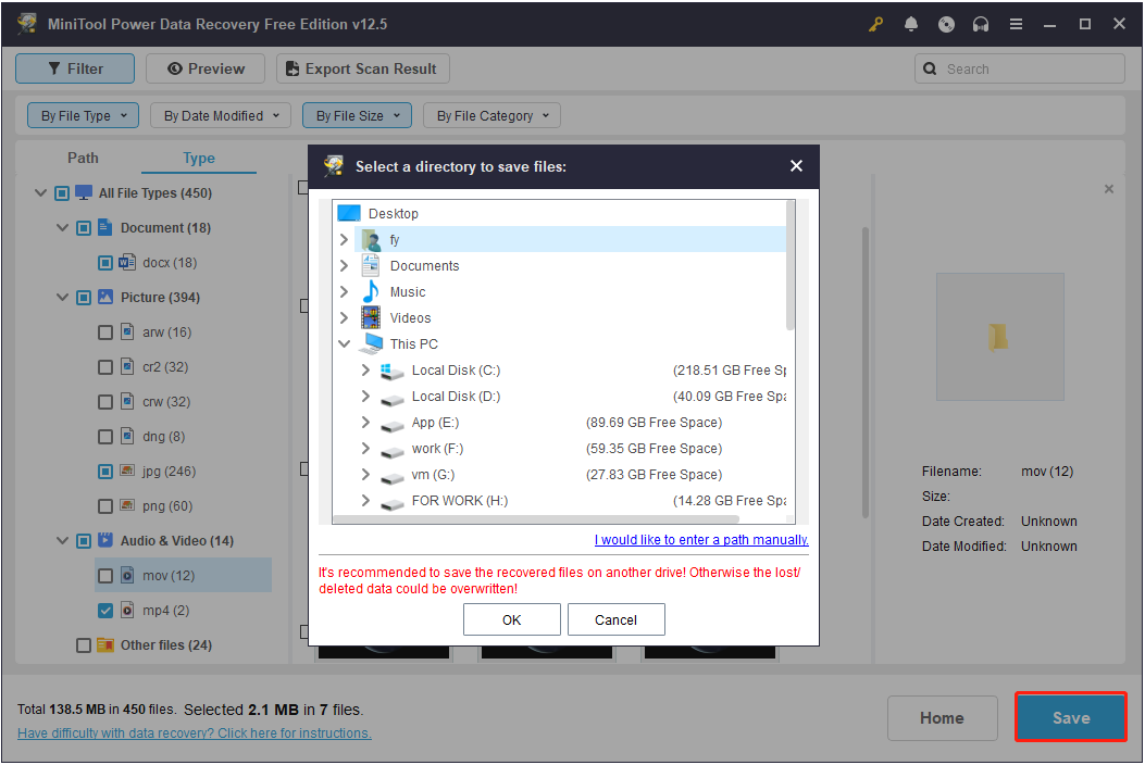 save the recovered files to a new location in MiniTool Power Data Recovery