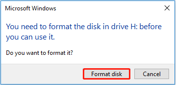 format the disk in the pop-up window