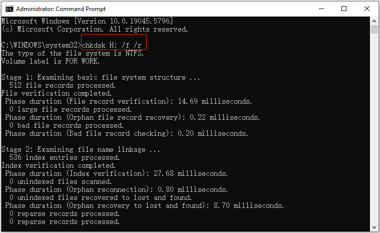 run the CHKDSK command line in Command Prompt
