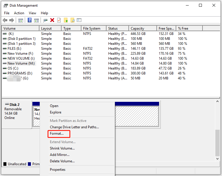 click the USB partition and navigate to the Format option