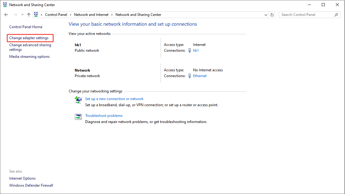 select Change adapter settings