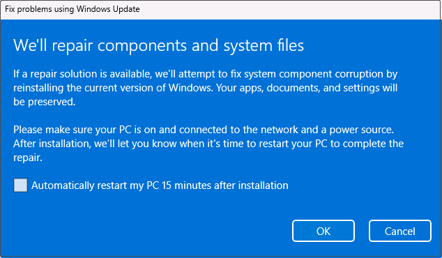 the components and system file repair prompt window