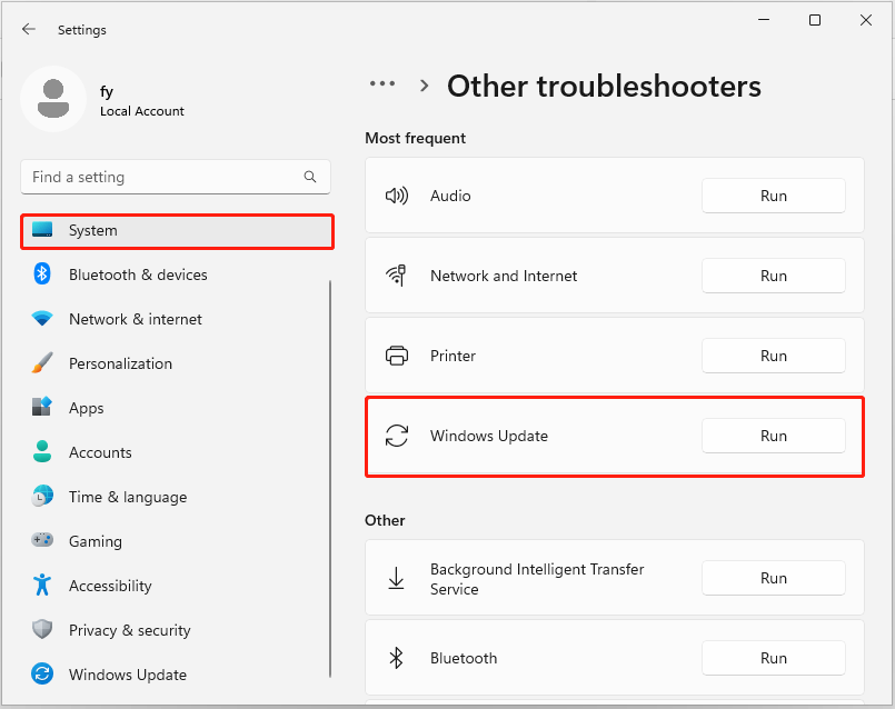 run the Windows Update troubleshooter in system settings