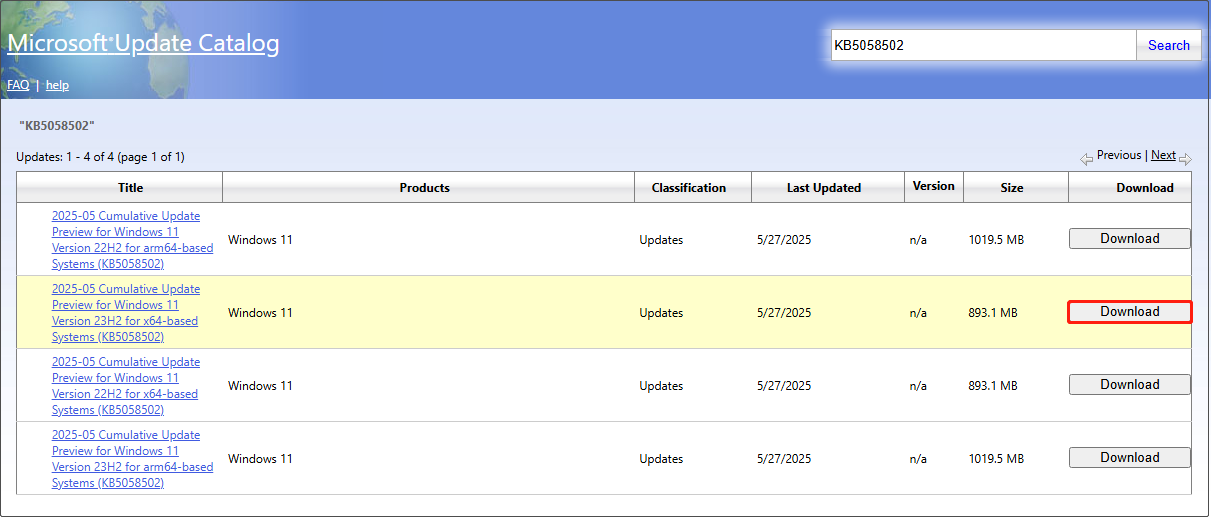 download the standalone package of KB5058502 from the catalog page