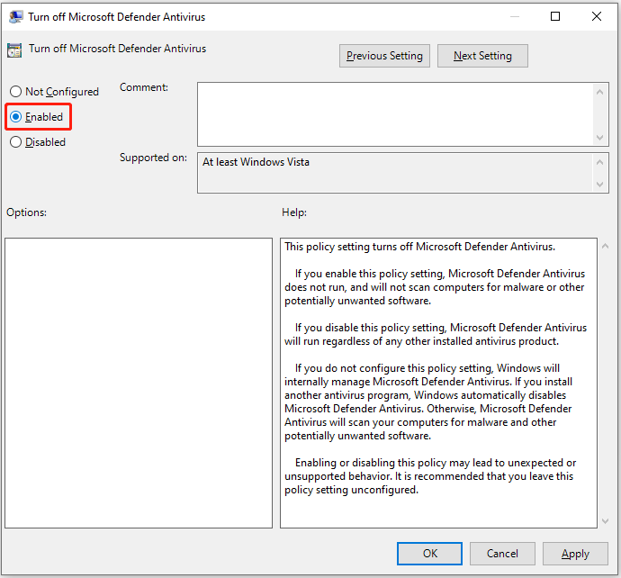 choose the option to disable Windows Defender