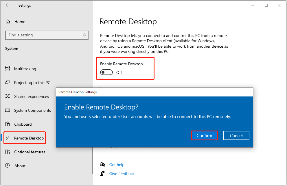 enable Remote Desktop in Settings