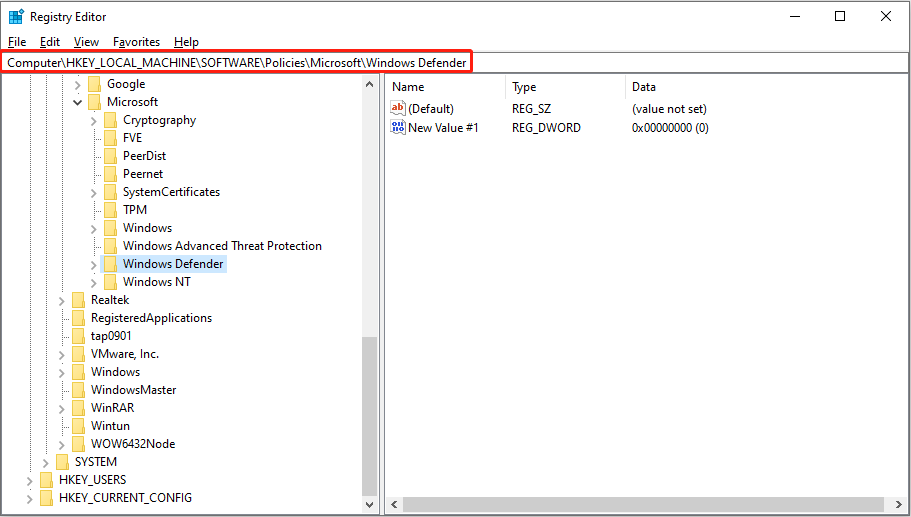 find the Windows Defender folder