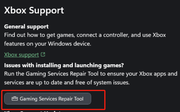 Xbox Support Gaming Service Repair Tool