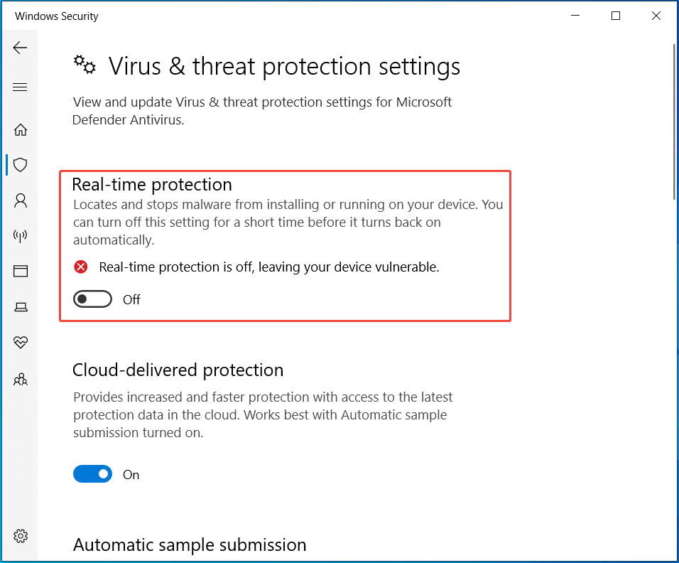 disable real-time protection in Windows Security