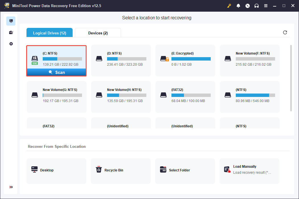 click the Scan button in MiniTool Power Data Recovery